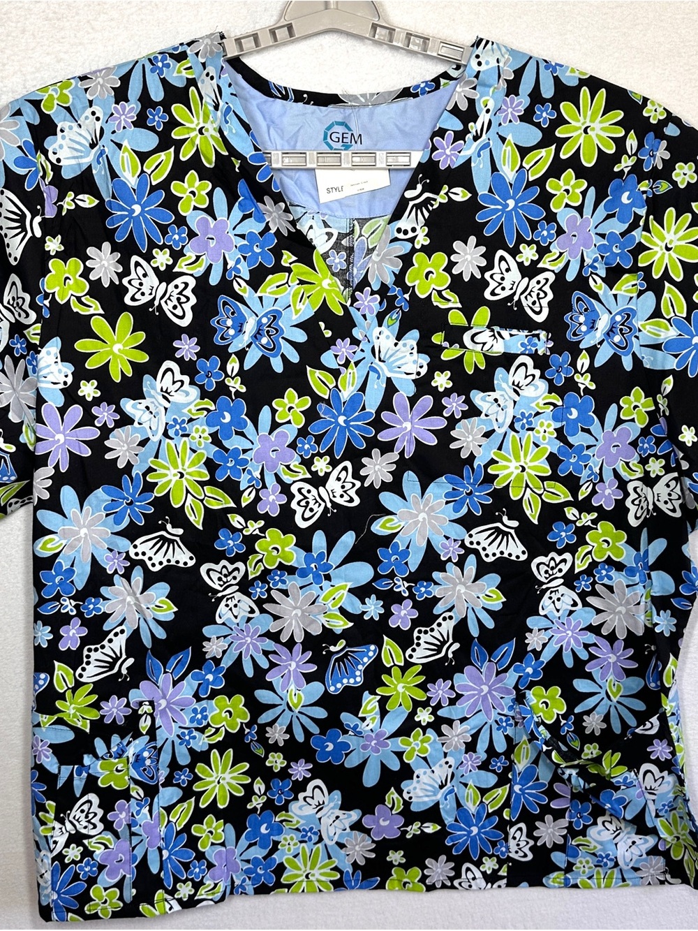 Gem Scrubs Scrub Top Womens 5XL Black Blue Floral Short Sleeve Stretchy New